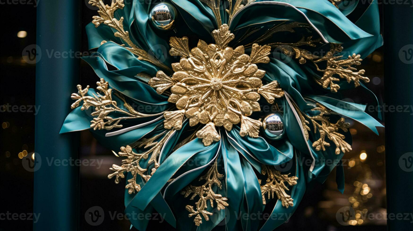 Christmas decoration details on English styled luxury high street city store door or shopping window display, holiday sale and shop decor photo