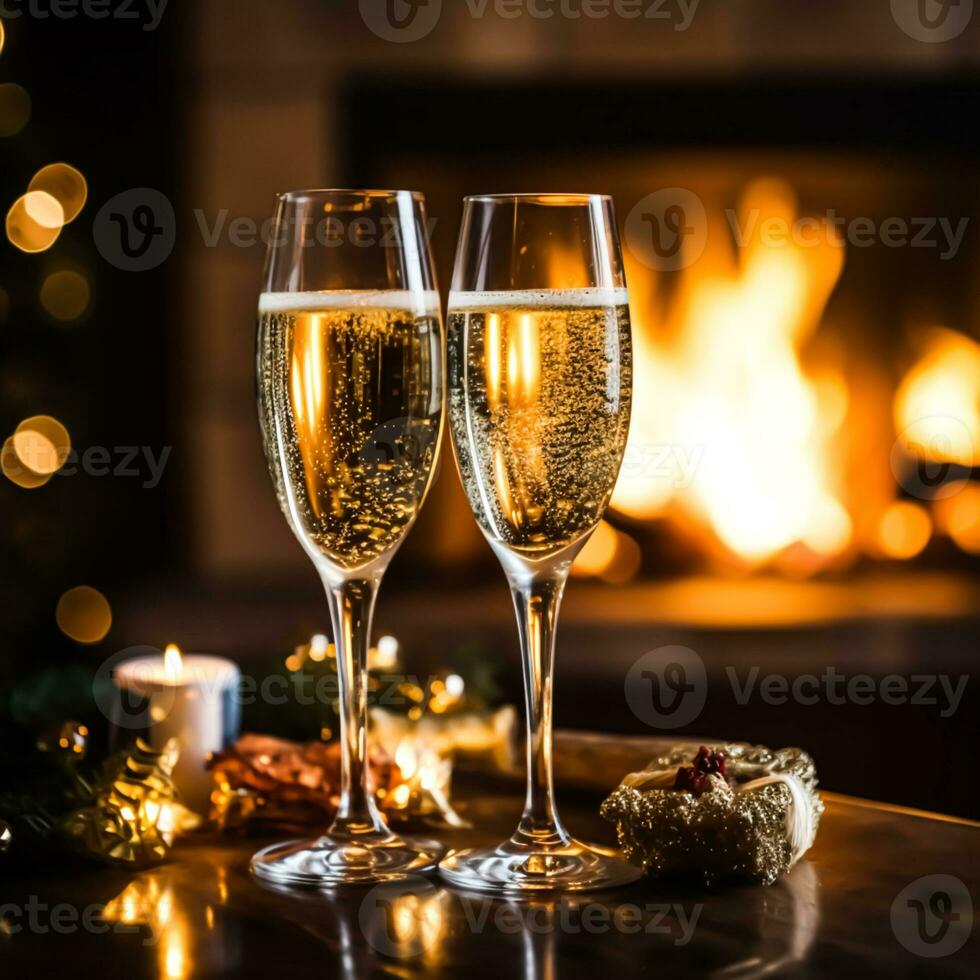 Champagne in front of a fireplace on a holiday eve celebration, Merry Christmas, Happy New Year and Happy Holidays wishes, generative ai photo