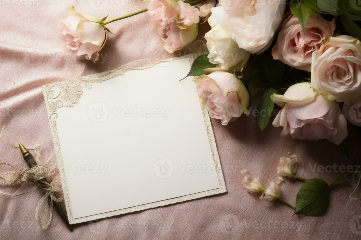 Blank paper and flowers on country background for printable art, paper, stationery and greeting card mockup photo