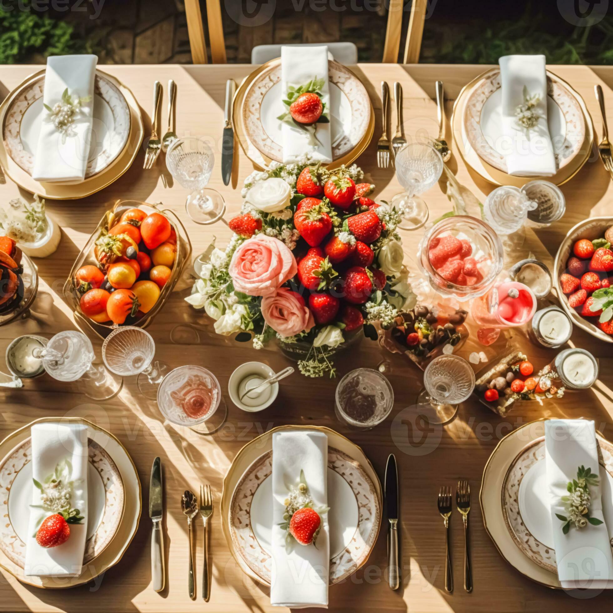 Country tablescape, formal dinner table setting, table scape with strawberry  decoration for wedding party and holiday event celebration, generative ai  29292354 Stock Photo at Vecteezy