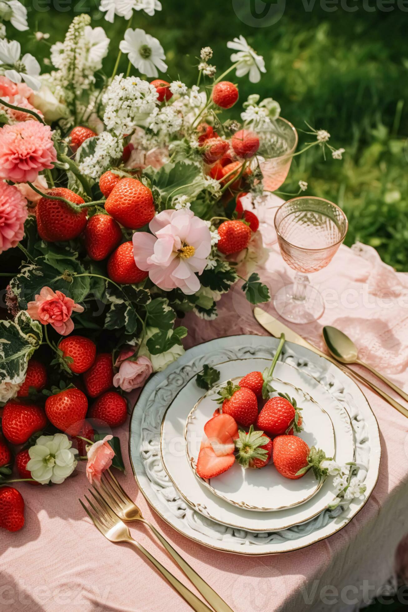 Country tablescape, formal dinner table setting, table scape with strawberry  decoration for wedding party and holiday event celebration, generative ai  29227965 Stock Photo at Vecteezy