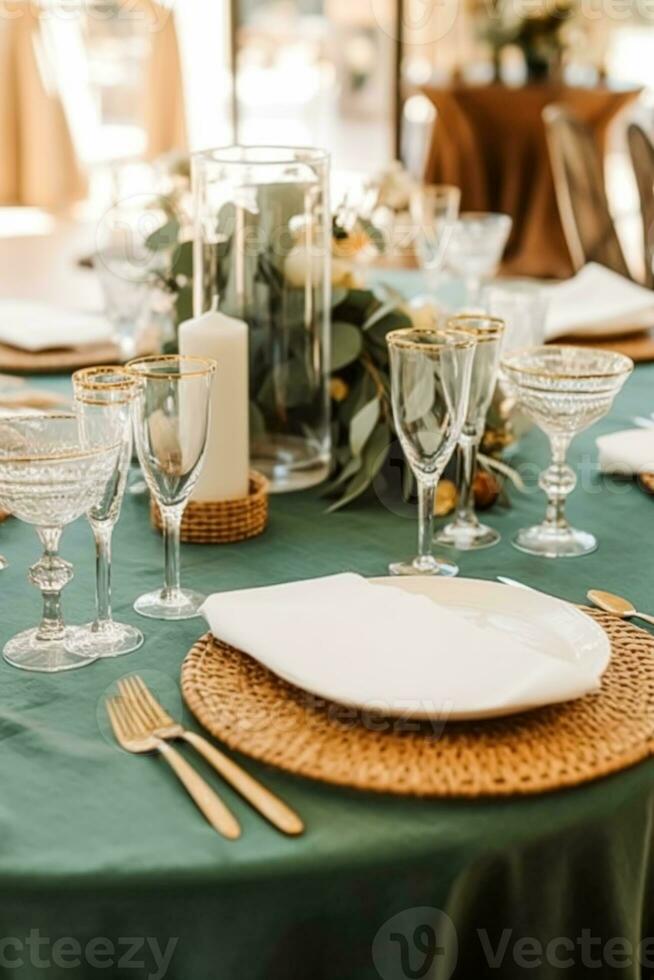 Sage green holiday tablescape, formal dinner table setting, table scape with decoration for wedding party and event celebration, generative ai photo