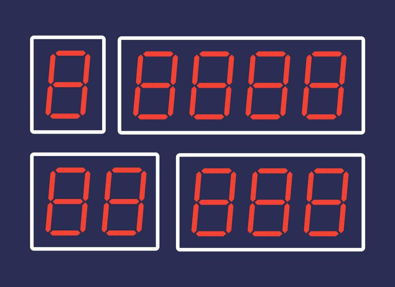 A vector illustration of red digital numbers designed for digital alarm clocks or timers, presented against a dark backdrop.
