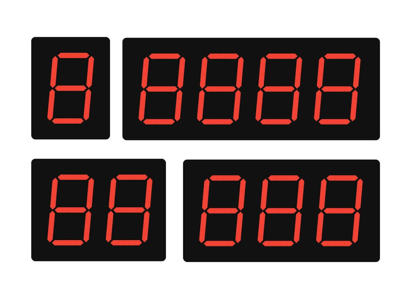 Set of red digital numbers. Digital alarm clock or timers. Vector illustration.