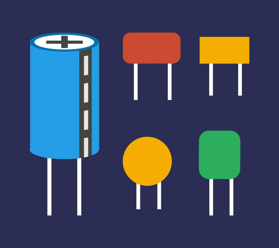 A collection of colored electrical capacitor components showcased in vector form on a dark background.