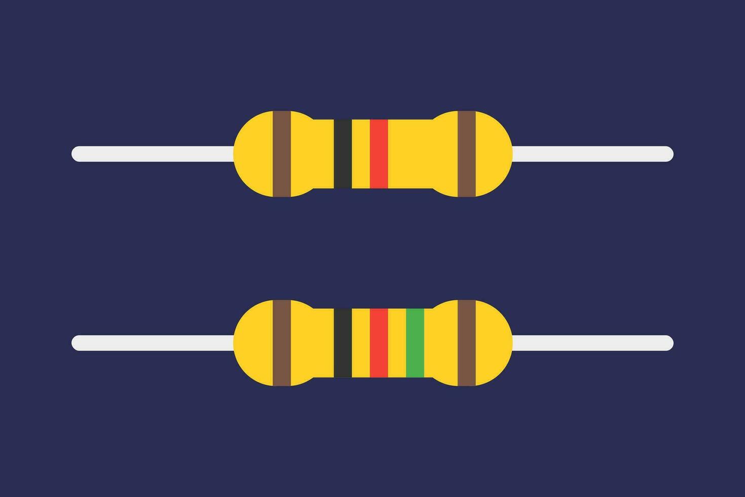 Flat vector resistor icons on a dark background, including detailed 4-band and 5-band color-coded resistor illustrations.