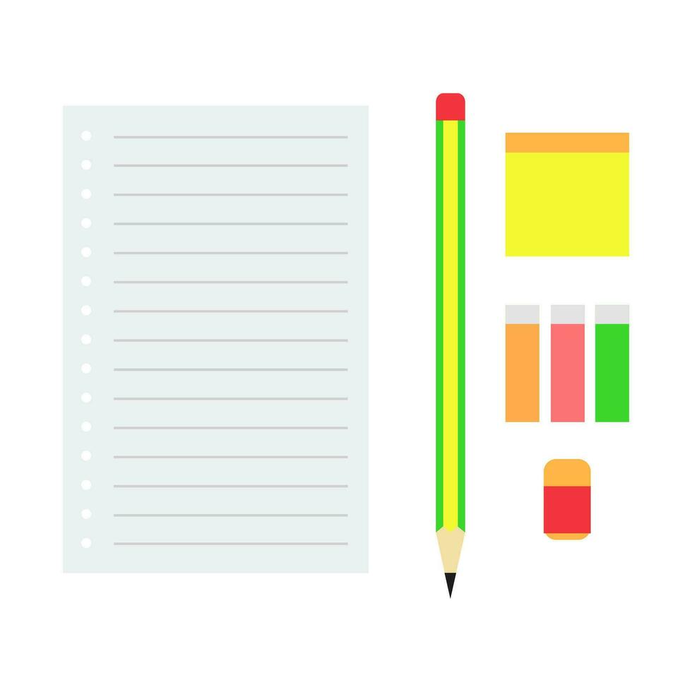 Notebook with pencils and eraser. Flat design vector illustration.