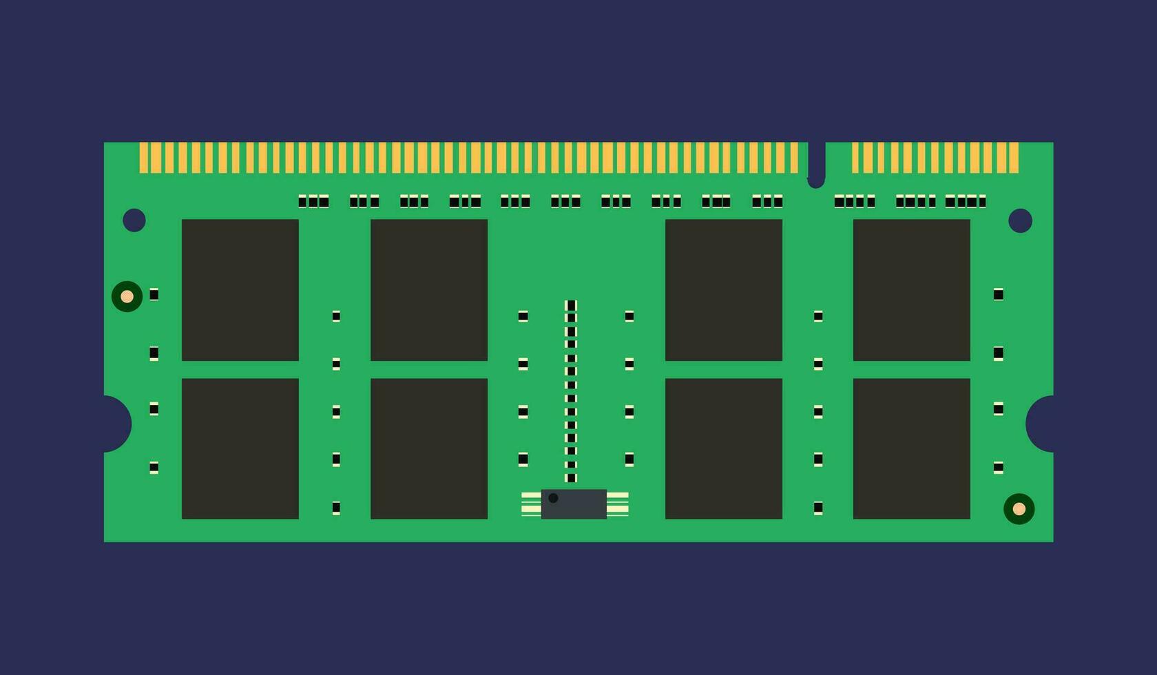 A vector illustration of a computer memory module, representing RAM Random Access Memory, on a dark background in a flat style.