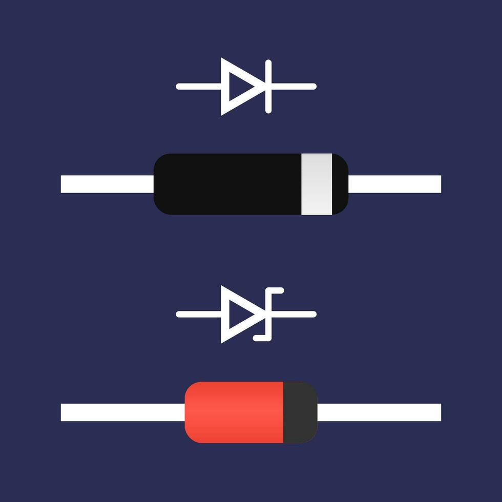 plano vector íconos de diodos y zener diodos en un oscuro fondo, Proporcionar un claro, gráfico representación.