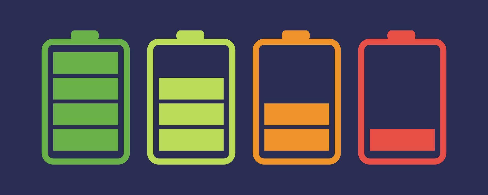 A set of colorful battery charge level indicators in vector format, designed against a dark background.