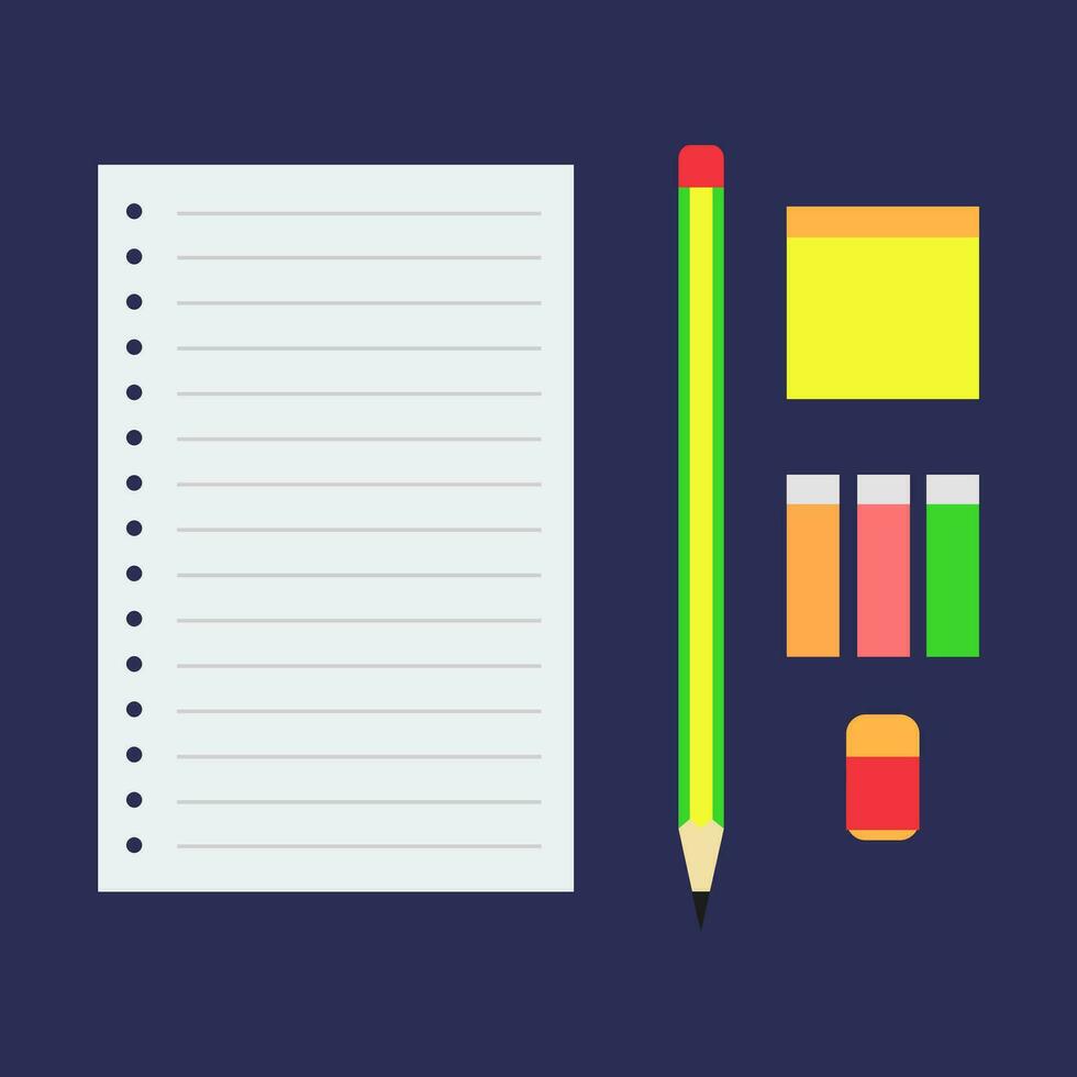 Flat vector illustration of a notebook, pencils, and eraser on a dark background.