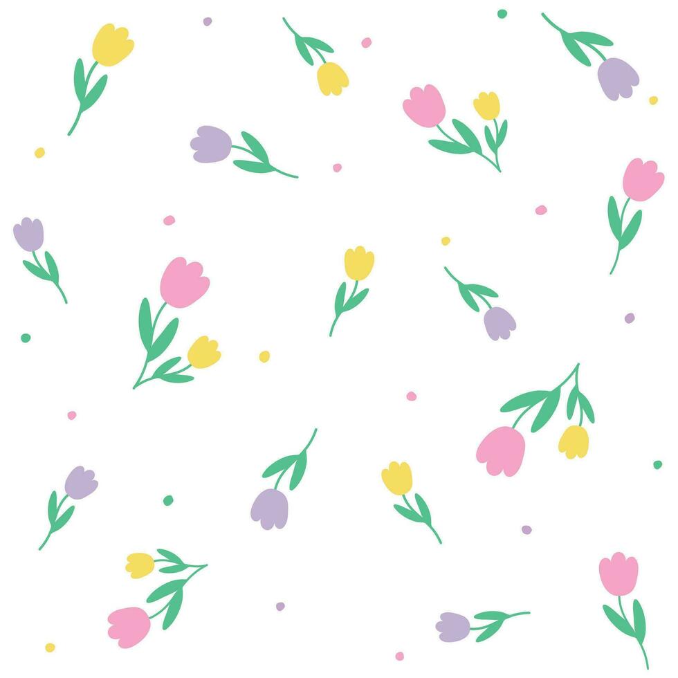 Cute Doodle Pink Purple Yellow Tulip Flower Element with Leaves Floral Ditsy Leaf Polkadot Dot Confetti. Abstract Organic Shape Hand Drawn Hand Drawing Cartoon. Color Seamless Pattern White Background vector