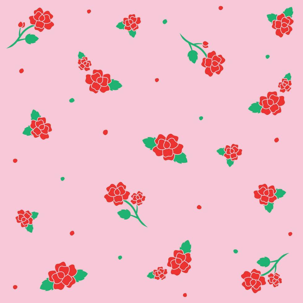 Cute Doodle Red Rose Flower Element with Leaves Floral Ditsy Leaf Polkadot Dot Confetti. Abstract Organic Shape Hand Drawn Hand Drawing Cartoon. Color Seamless Pattern Pink Background. vector