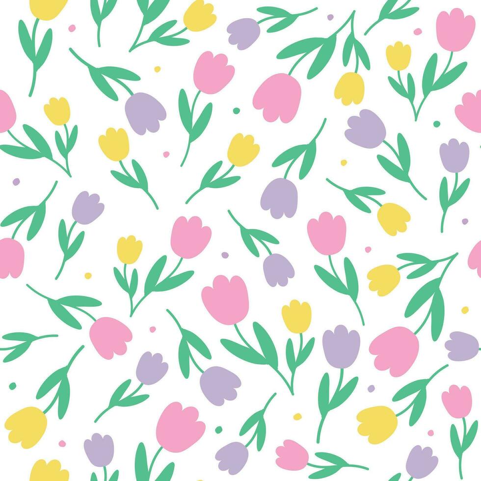 Cute Doodle Pink Purple Yellow Tulip Flower Element with Leaves Floral Ditsy Leaf Polkadot Dot Confetti. Abstract Organic Shape Hand Drawn Hand Drawing Cartoon. Color Seamless Pattern White Background vector