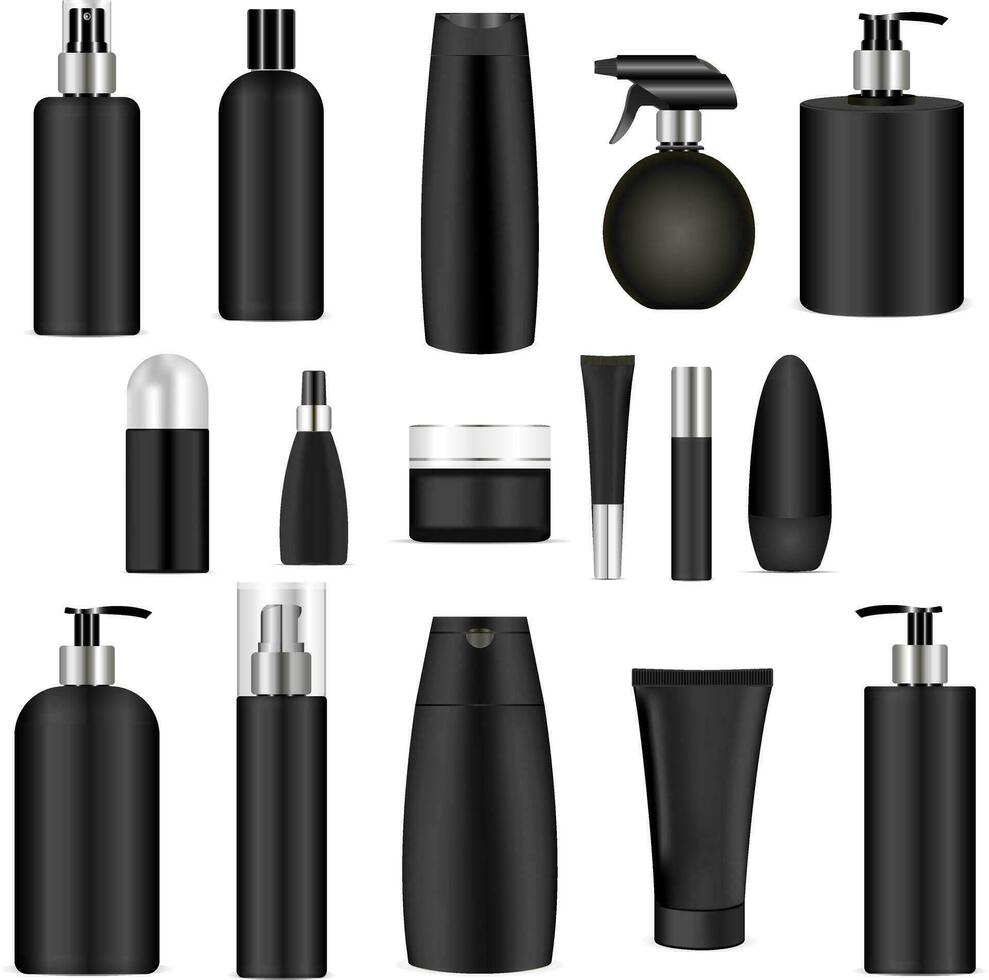 Black cosmetics bottle set. 3d mock-up package. Vector illustration of spray, dispenser and dropper, cream jar, shampoo, lotion, soap, toothpaste.