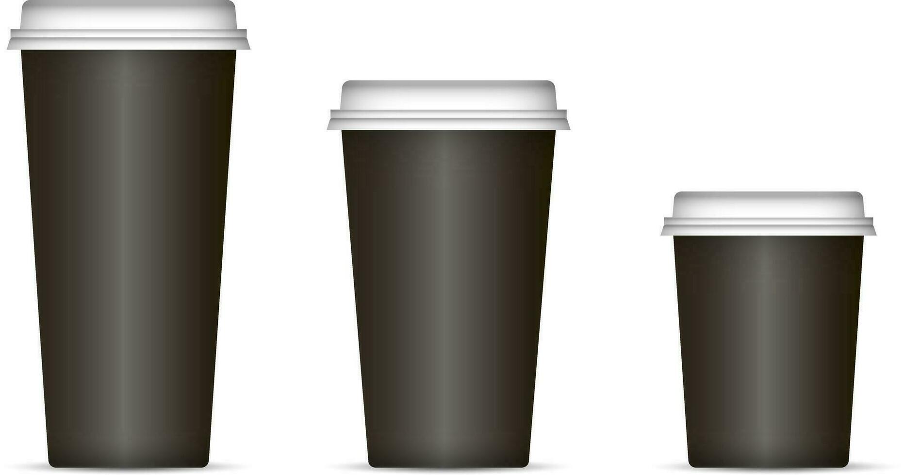 Black coffee cups set isolated on background. Eps 10 Vector illustration. Disposable paper or plastic cups with lid for espresso, latte or tea.