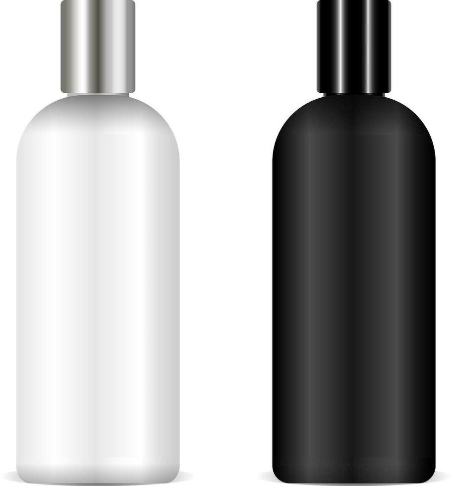 Shampoo bottles black and white mockup Eps 10 vector 3d realistic illustration. Ready for your design package.