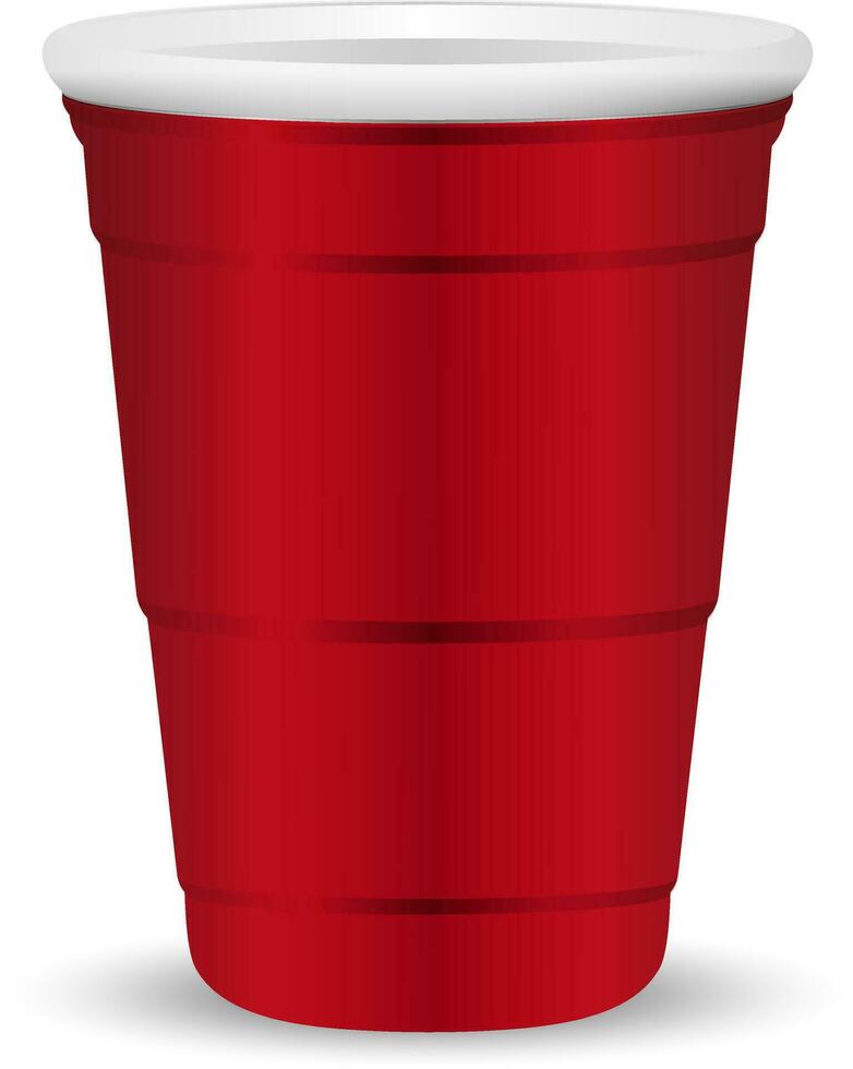 Red party cup realistic 3d vector illustration. Disposable plastic or paper container mockup for drinks and fun games isolated on white background.