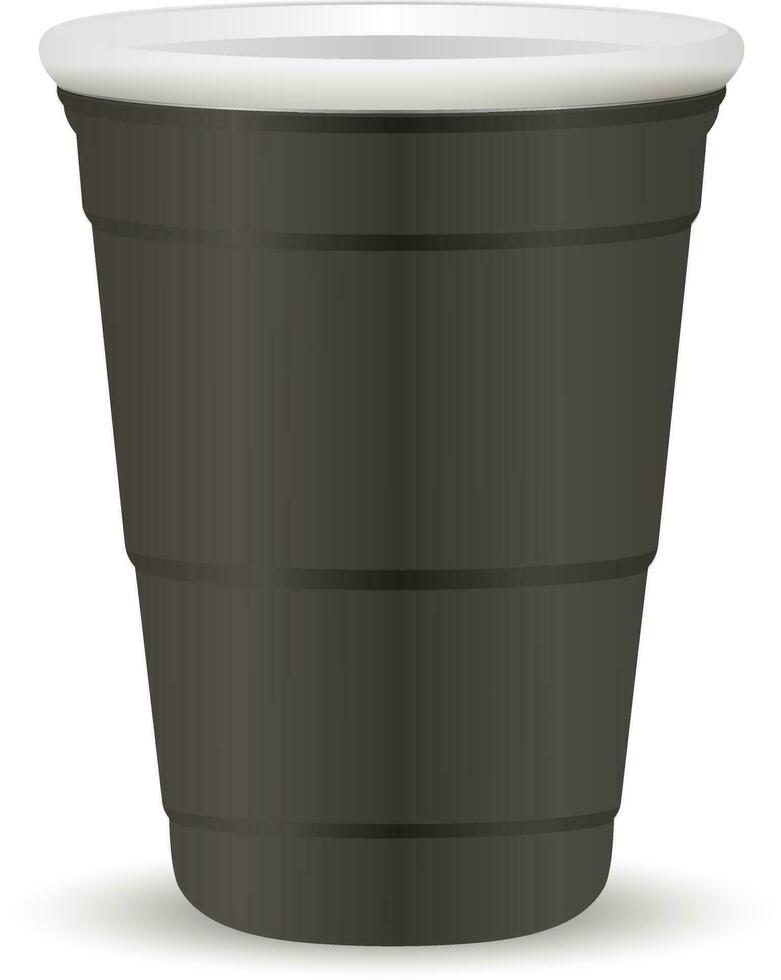 Black party cup realistic 3d vector illustration. Disposable plastic or paper container mockup for drinks and fun games isolated on white background.