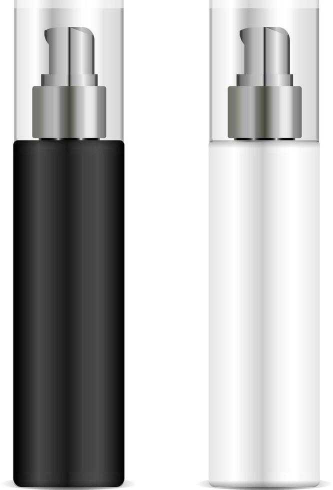 Black and white Pump dispenser bottle set for liquid soap, foam, gel or tonal cream. Cosmetics mockup pakage. 3d realistic vector illustration.