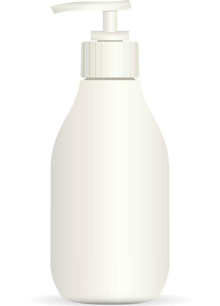 Realistic cosmetic bottle on a white background. Package with pump dispenser for cream, liquid soup, foam, shampoo. Vector illustration.