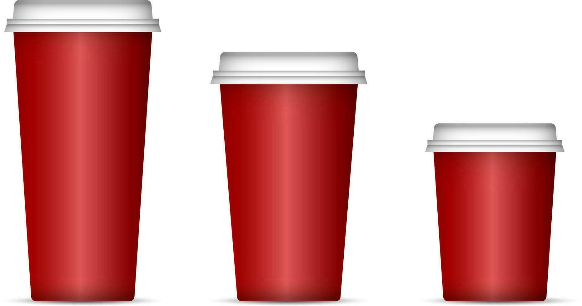 Mockup of red Paper cups for coffee or tea with lid. Realistic 3d vector illustration isolated on white background.