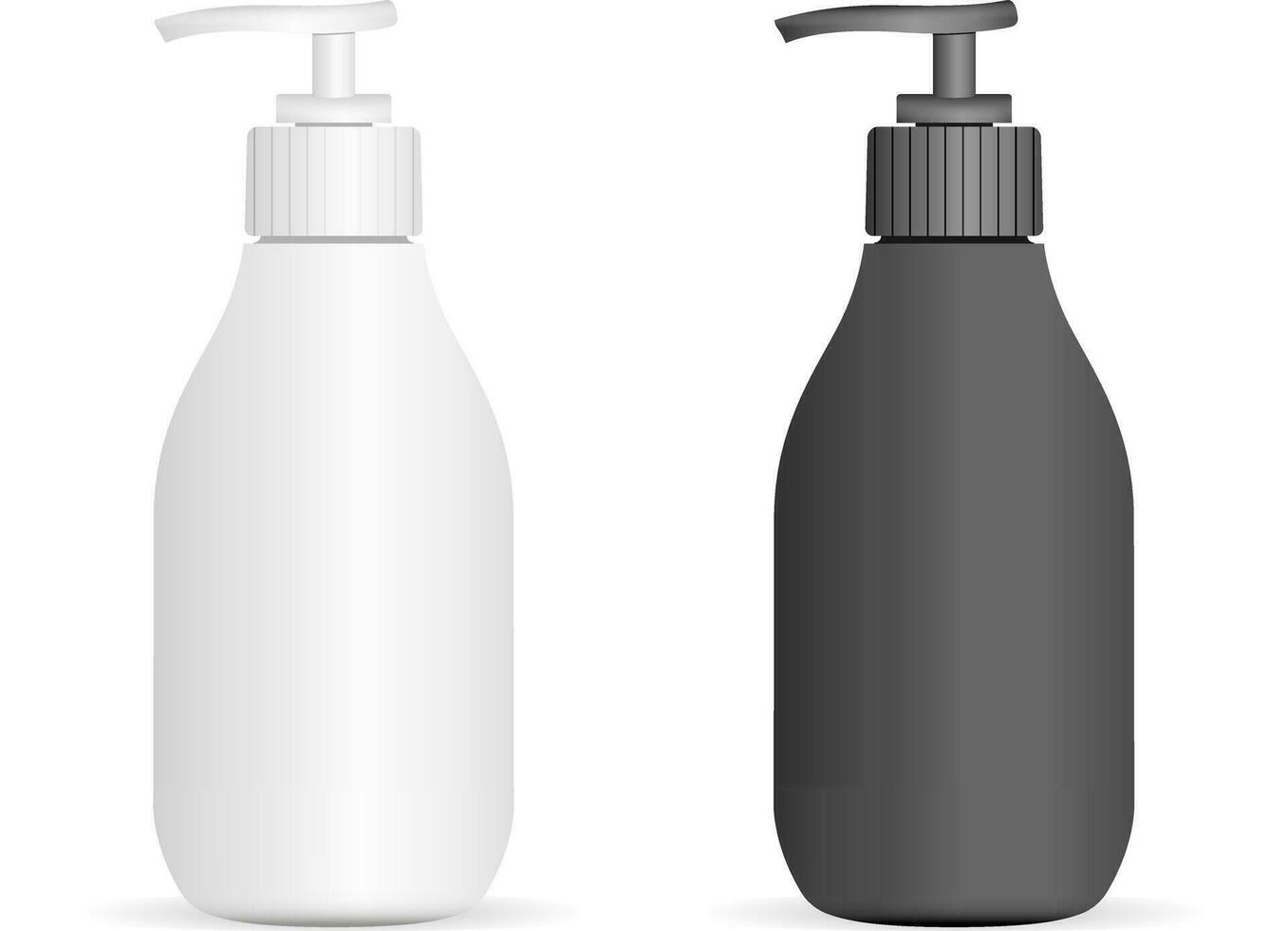 Black and White Plastic pump bottles set isolated on background. Package with pump dispenser for cream, liquid soup, foam, shampoo. Vector illustration.