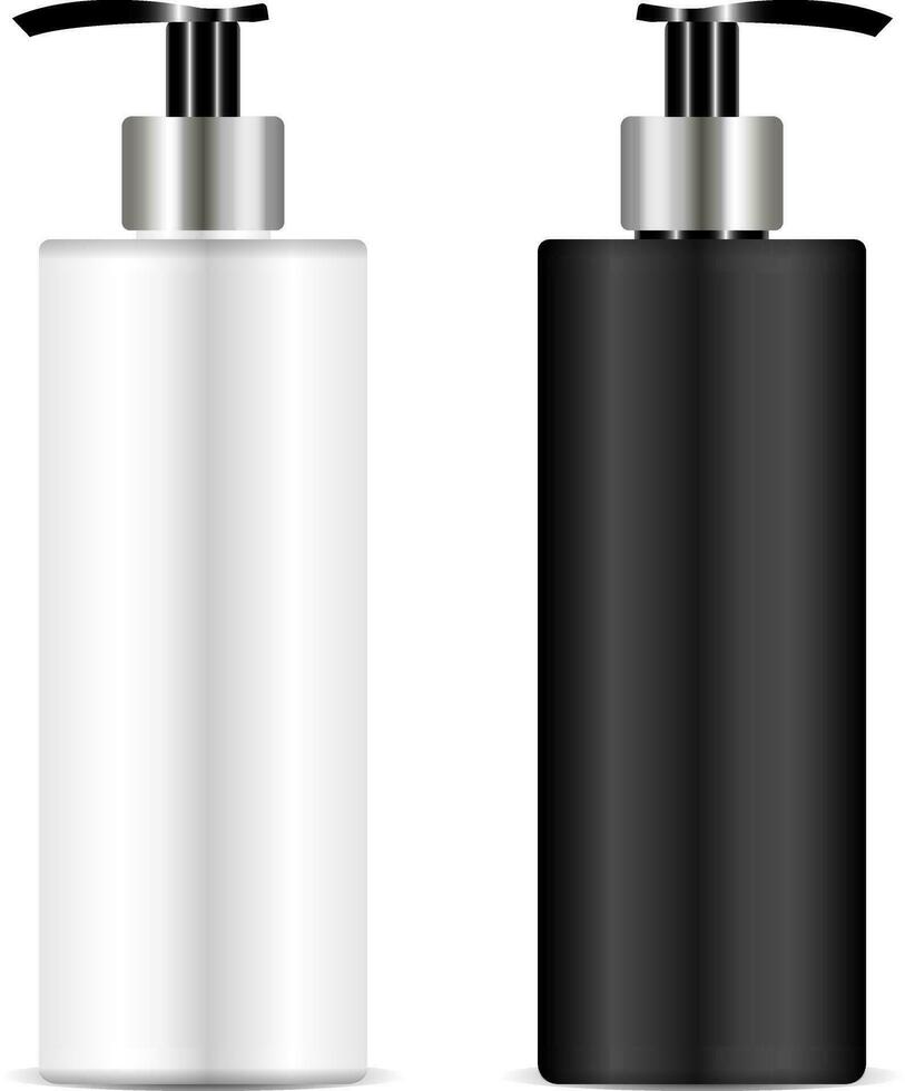 botellas con bomba dispensador vector 3d realista ilustración. negro y blanco paquete aislado en antecedentes. Listo para tu diseño Bosquejo.
