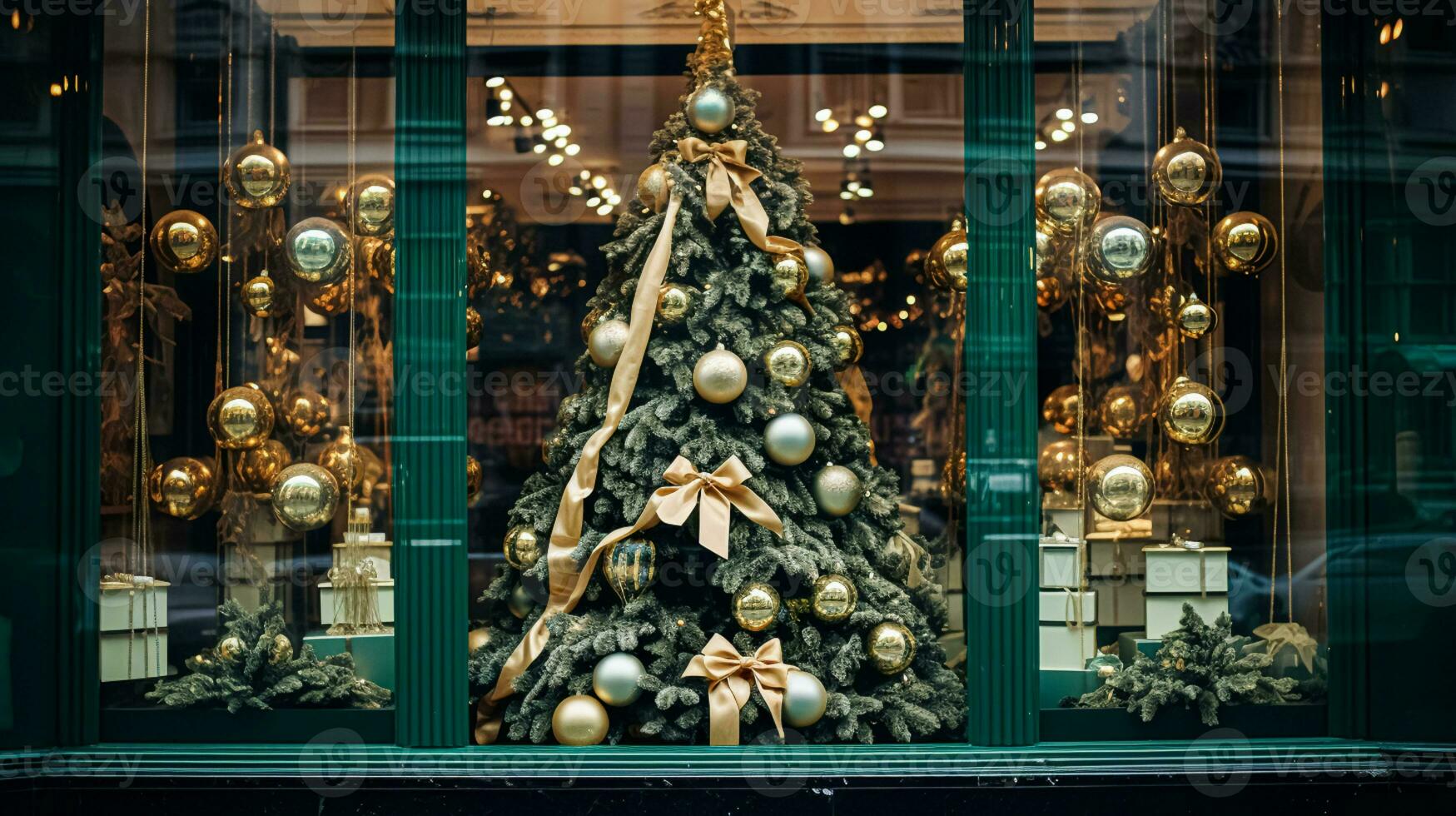 Navidad decoración detalles en Inglés estilizado lujo alto calle ciudad Tienda puerta o compras ventana mostrar, fiesta rebaja y tienda decoración foto