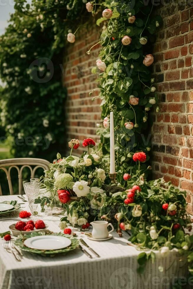 Country tablescape, formal dinner table setting, table scape with strawberry decoration for wedding party and holiday event celebration, generative ai photo