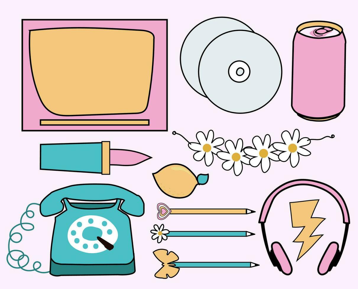 Retro 90s technology and teen girl accessories collection. vector