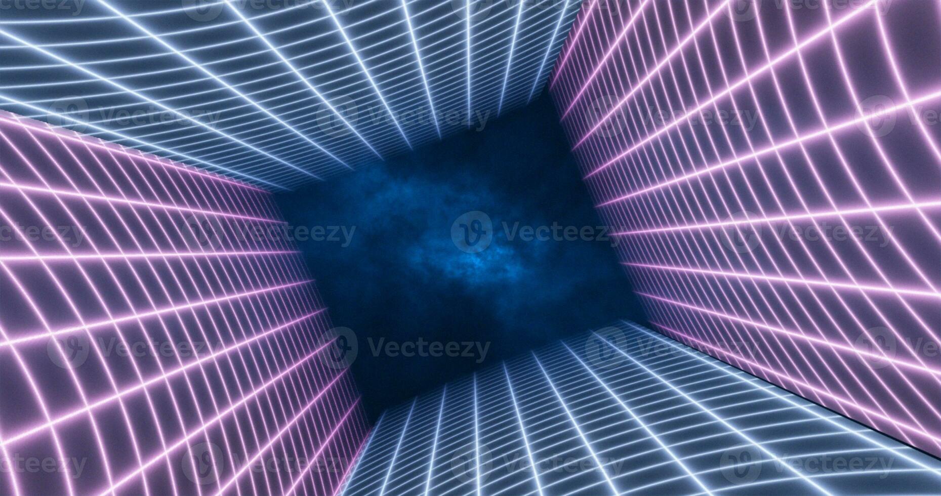 Abstract purple blue energy grid swirling tunnel of lines in the top and bottom of the screen magical bright glowing futuristic hi-tech background photo