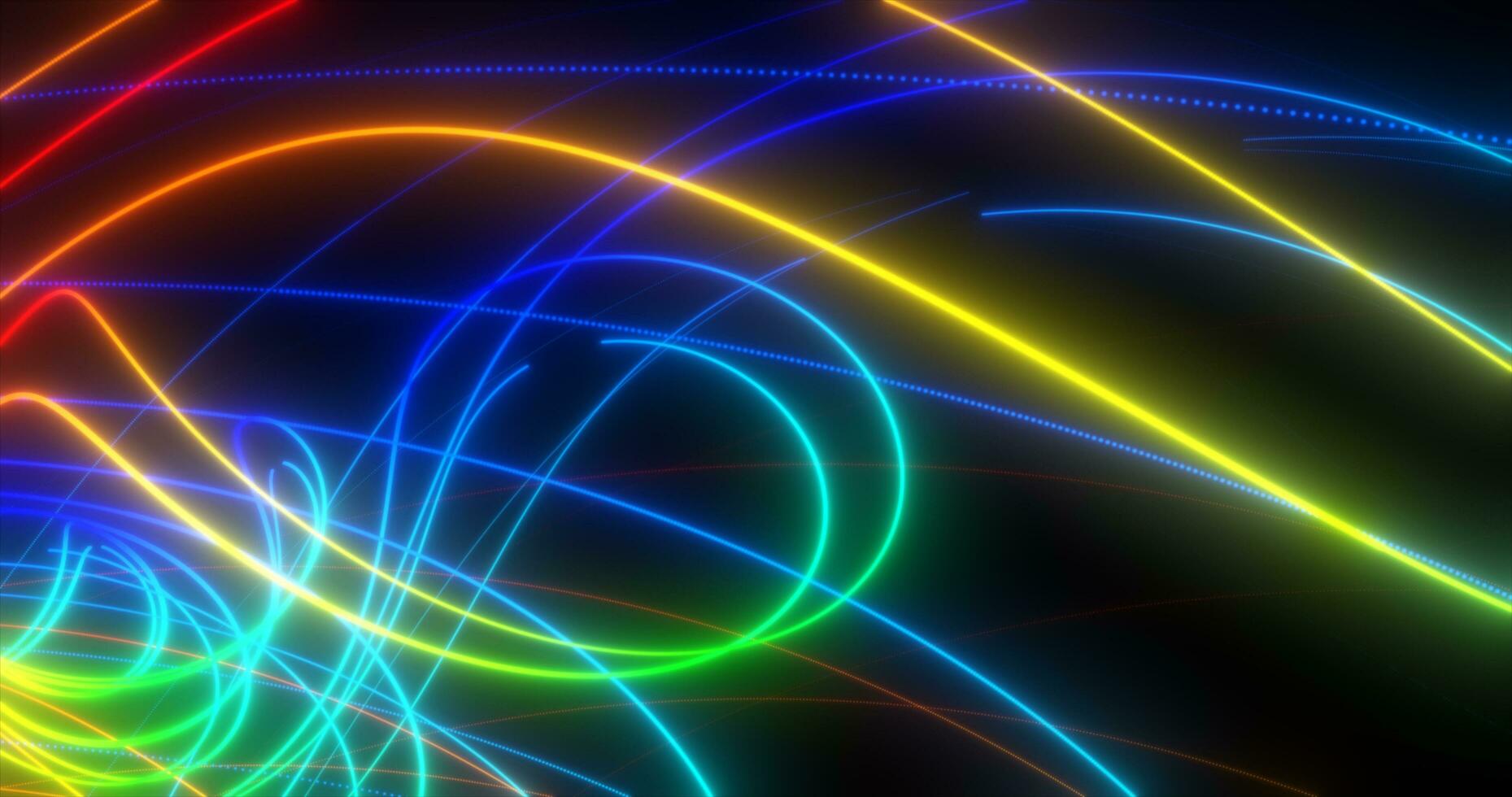 Abstract multi-colored rainbow neon energy laser lines flying on a black background photo