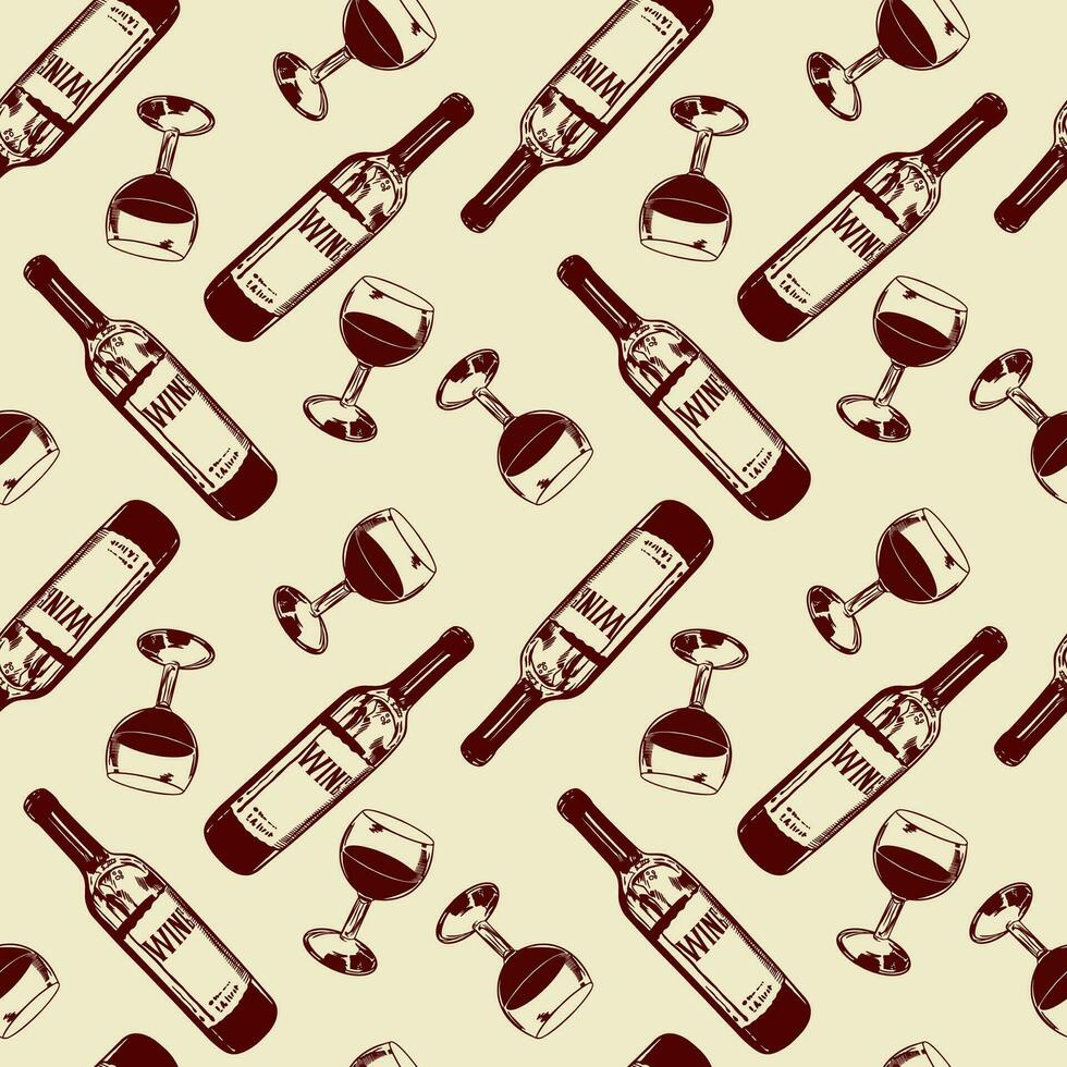 Bottle and glass of red wine. Vector illustration of seamless pattern. Design element for menus, wine lists, labels, banners, flyers, wrapping paper.