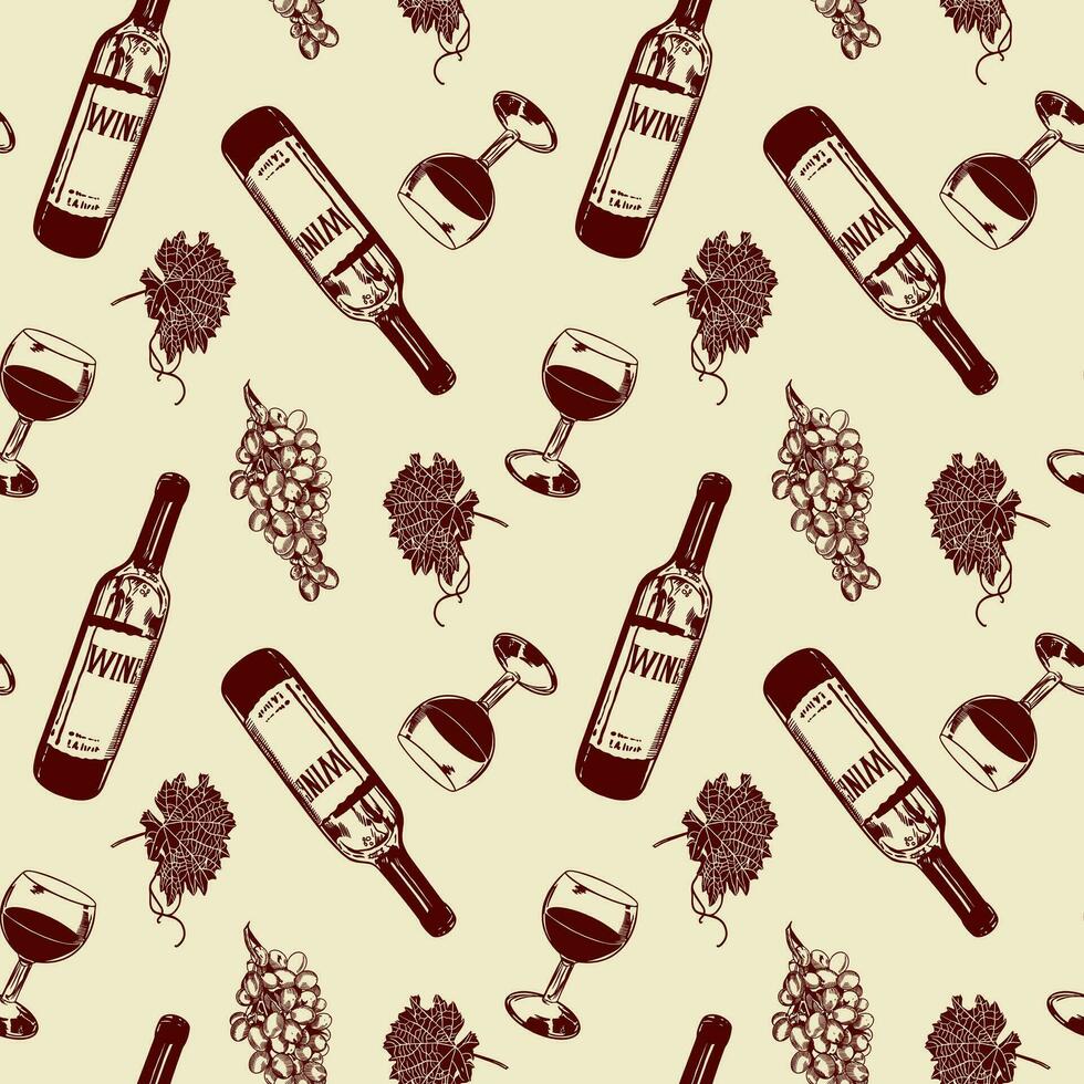 Bottle and glass of red wine, grapevine, leaves. Vector illustration of seamless pattern. Design element for menus, wine lists, labels, banners, flyers, wrapping paper.