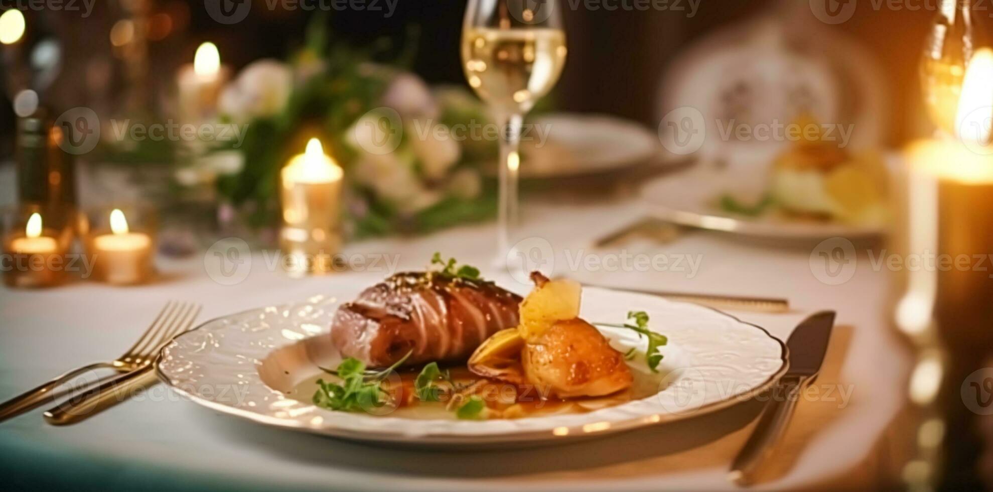 Luxury food service, main course served at a restaurant or formal dinner event in classic English style in the luxurious hotel or country estate, generative ai photo