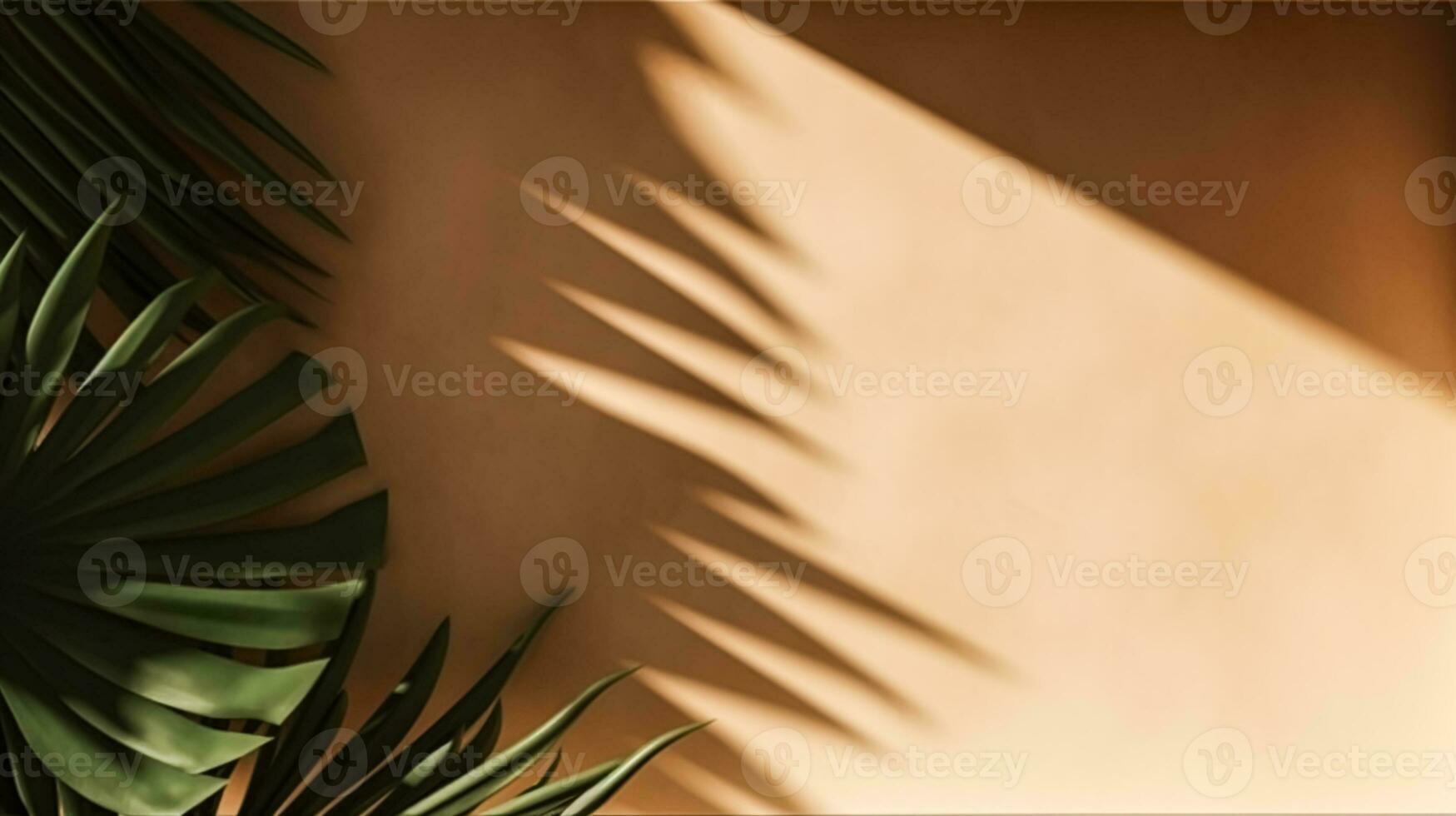 Tropical background for a product placement, palm tree leaves and sunlight shadows on the wall, minimalistic botanical backdrop, palms on a hot sunny day, generative ai photo