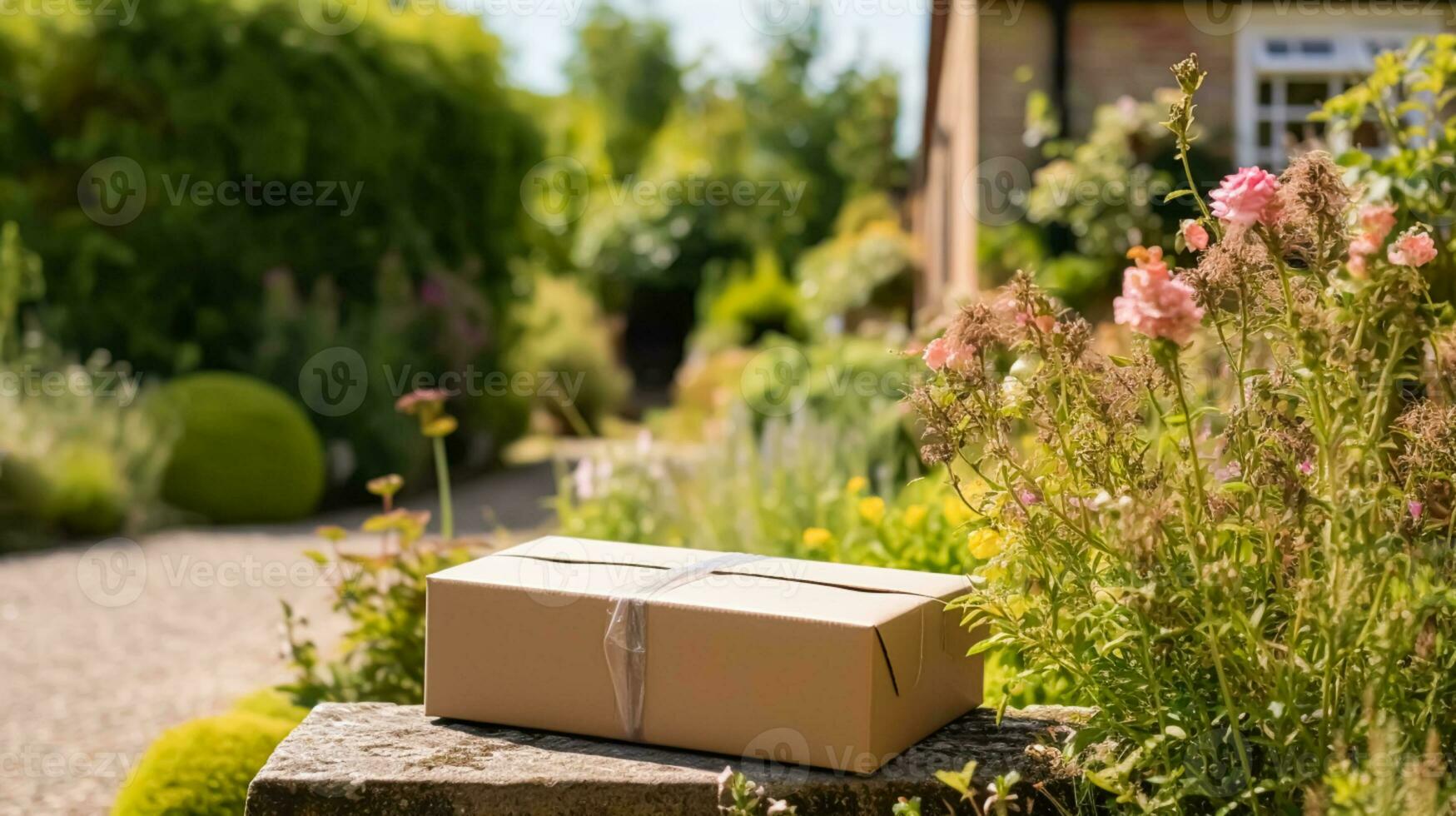 postal servicio, hogar entrega y en línea compras, paquete o empaquetar caja en un casa peldaño en el campo, generativo ai foto