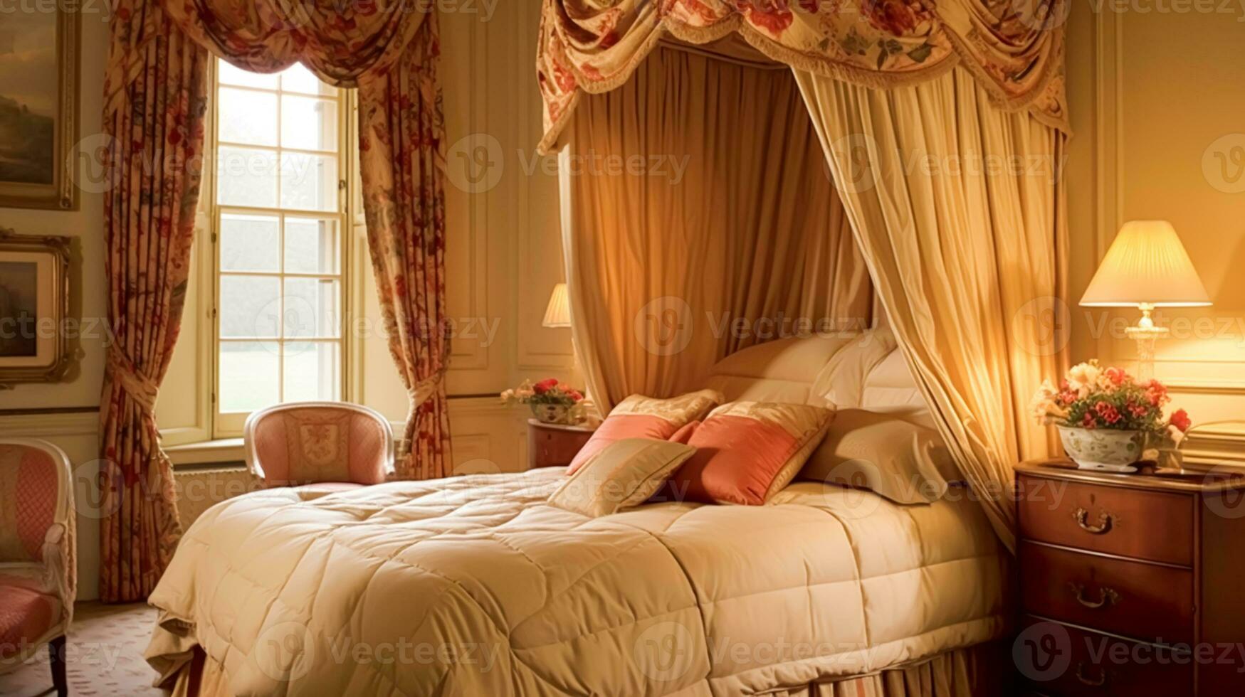 Bedroom decor, interior design and autumnal home decor, bed with silk satin bedding, bespoke furniture and autumn decoration, English country house, holiday rental and cottage style photo