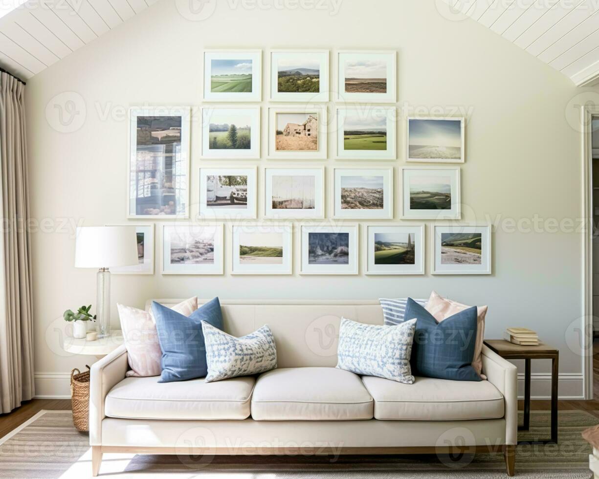 Living room gallery wall, home decor and wall art, framed art in the English country cottage interior, room for diy printable artwork mockup and print shop photo