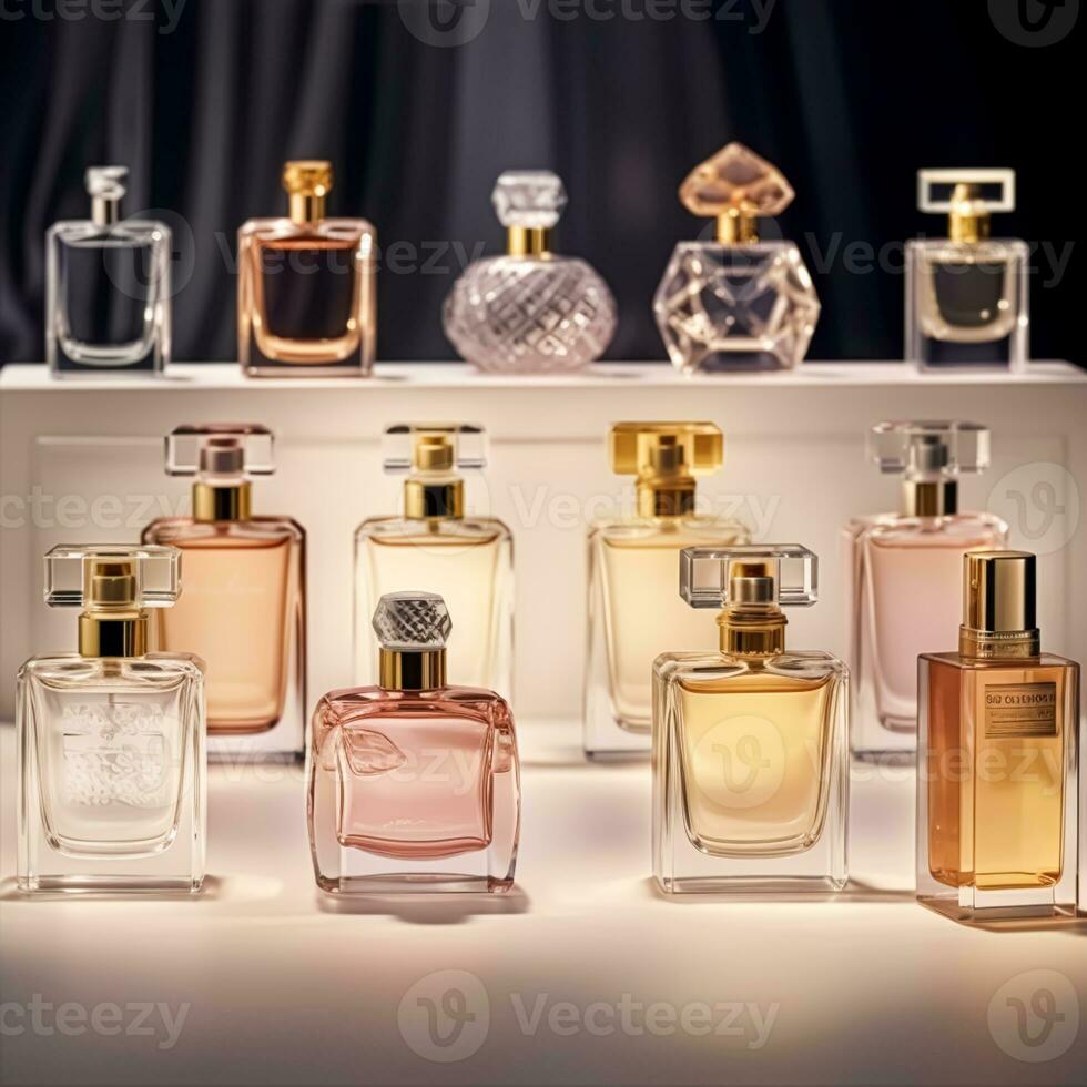 Luxury fragrance bottles at perfume scent at presentation event, bespoke perfumery and beauty product sale, generative ai photo