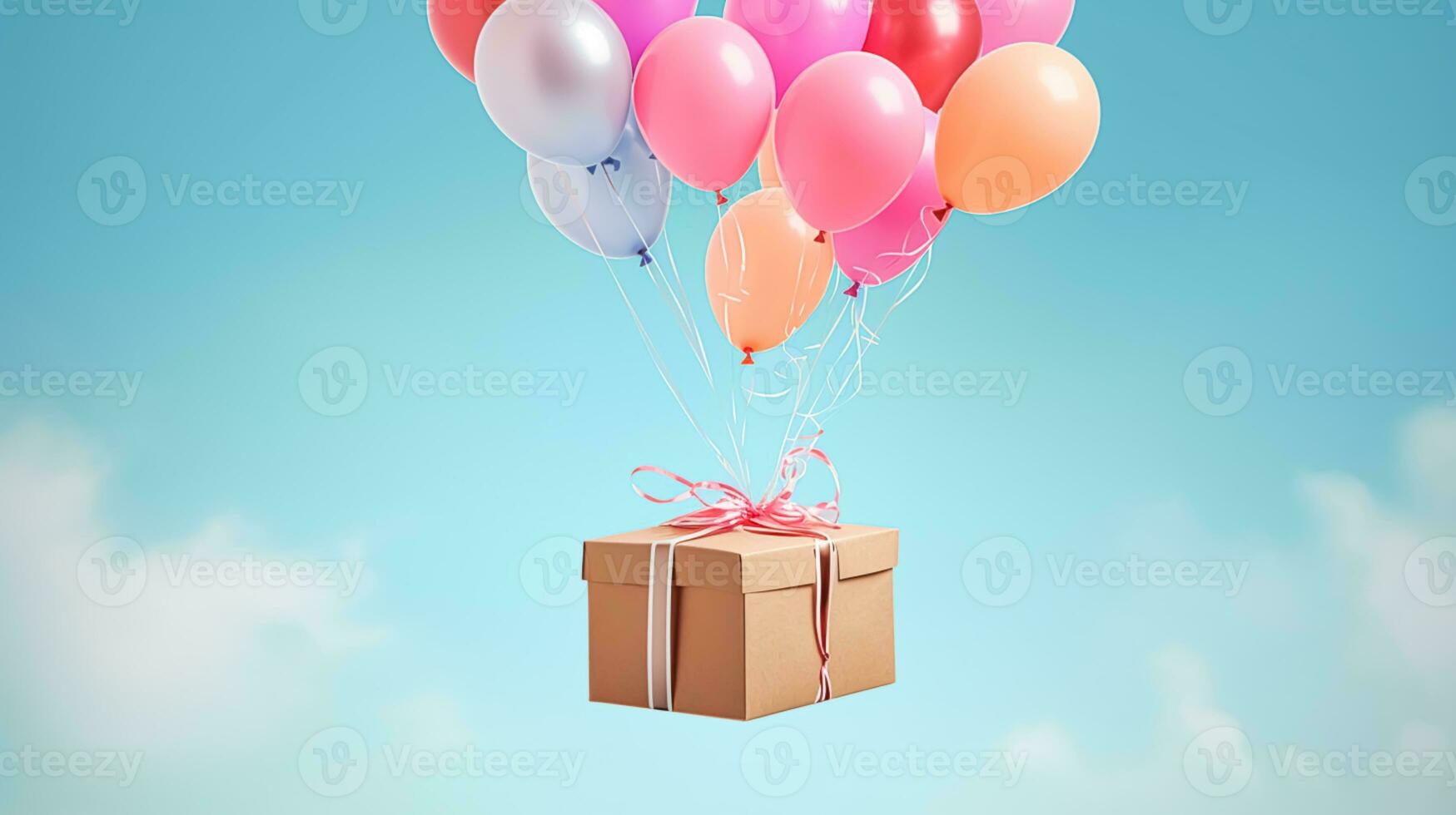 Postal service, shop delivery and online shopping, flying balloons carrying a parcel box, generative ai photo