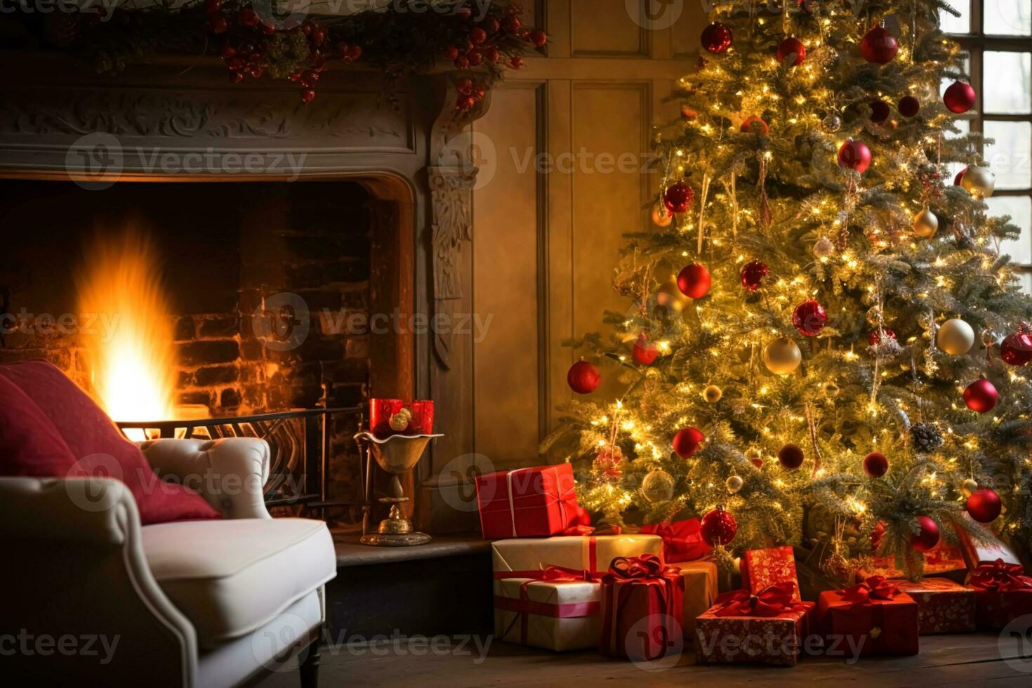 Christmas, holiday decor and country cottage style, cosy atmosphere, decorated Christmas tree in the English countryside house living room with fireplace, interior decoration photo