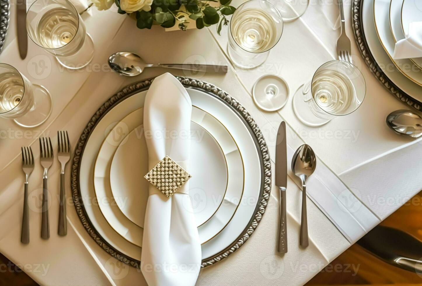 Elegant dinner table setting arrangement in English country style as flatlay tablescape, folded napkin on a serving plate, tableware and holiday table decor, generative ai photo