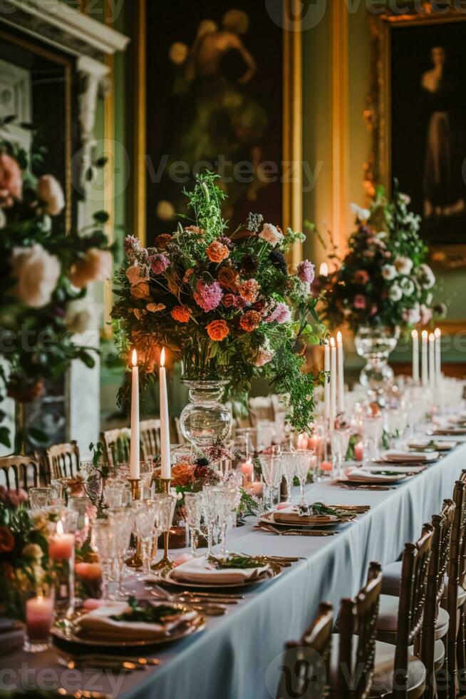 boda, evento celebracion y otoño fiesta paisaje de mesa, clásico otoñal decoración y formal cena mesa ajuste en el país mansión, mesa bohordo con velas y floral decoración foto