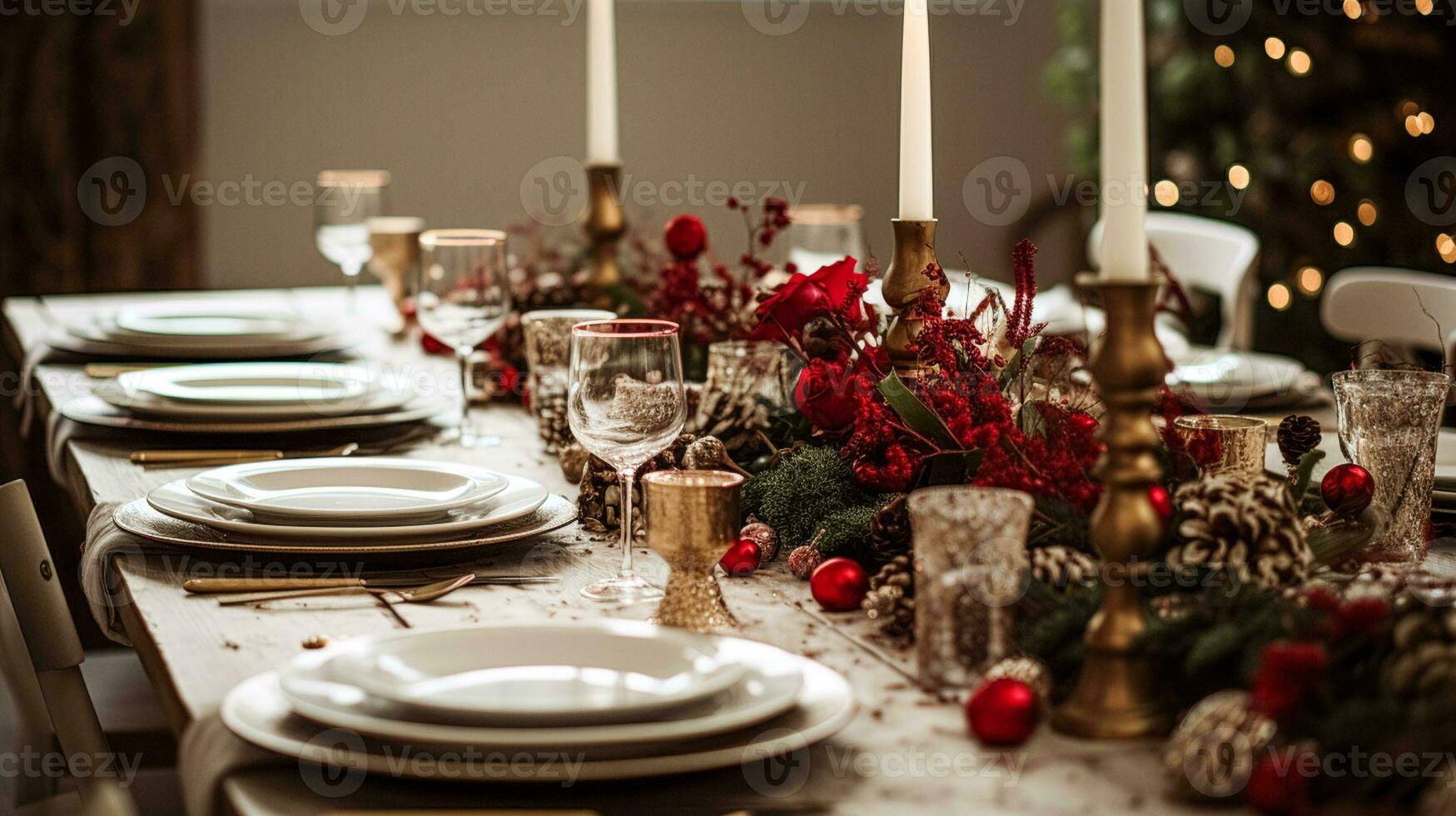 Holiday table decor, Christmas holidays celebration, tablescape and dinner table setting, English country decoration and home styling photo