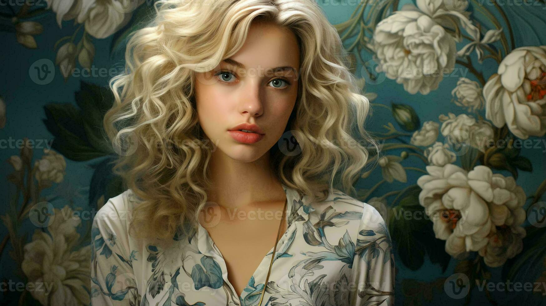 Beautiful young woman on a background of abstract flowers. Close-up of a woman's face photo