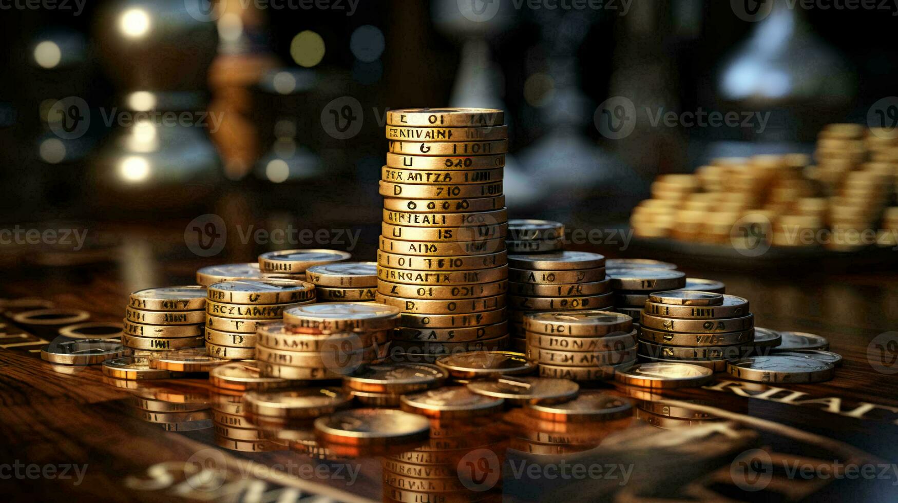 oro monedas dinero en el mesa. negocio Finanzas y riqueza acumulación concepto foto