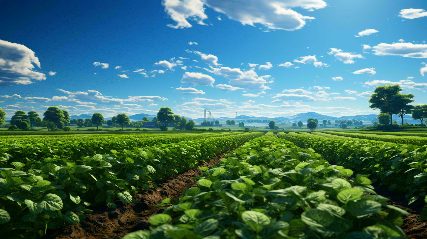 Green field with plants in beds. Ecological farming concept photo