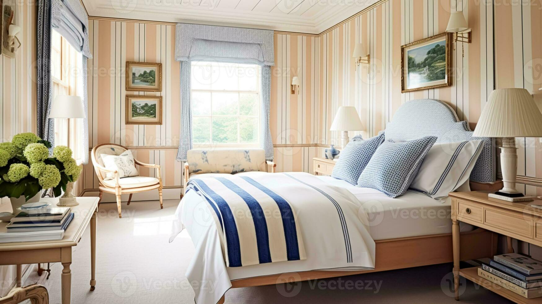Interior design, bedroom decor and home improvement, country cottage style furniture, bed, bedding and textiles with blue accents, generative ai photo